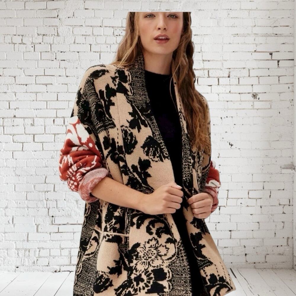 Anthropologie Lola Cardigan Sweater Sz XS/S Oversized Black Multi Floral Boho - Picture 2 of 14